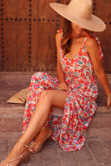 Red V-Neck Tied Straps Open Back Flower Dress