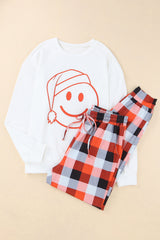 White Christmas Smile Face Print Top and Plaid Pants Lounge Set