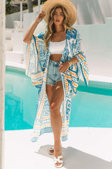 White Paisley Mix Pattern Print Long Kimono
