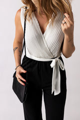 White Pleated V Neck Sleeveless Color Block Jumpsuit