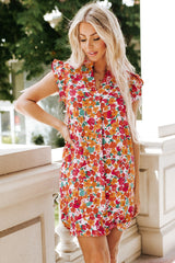 Red Ruffle Sleeve V-Neck Floral Dress