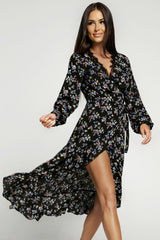 Black Wrap Eyelash V Neckline Long Sleeves Floral Dress