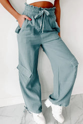 Green Frill Drawstring Waist Crinkle Cargo Pants