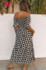 Black Printed Smocked Off Shoulder Ruffle Sleeve Maxi Dress