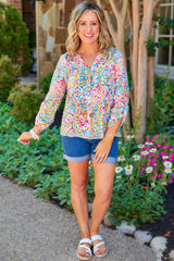 Multicolor Plus Size Geometric Print Notched V-Neck Blouse
