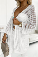 White Hollow-out Knit Kimono Lightweight Cardigan