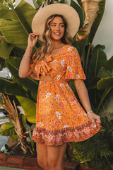 Yellow Self-tie Front Cut-out Floral Dress