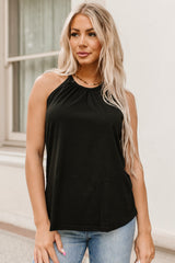 Black Pleated Round Neck Loose Sleeveless Top