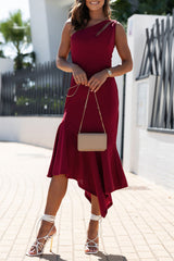 Red Cut-Out One Shoulder Ruffle Hem Sleeveless Bodycon Dress