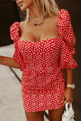 Red Daisy Print Square Neck Puff Sleeve Mini Dress