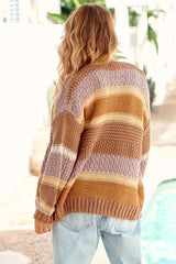 Brown Color Block Knit Drop Shoulder Open Front Sweater