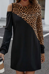 Black Asymmetric Cold Shoulder Leopard Colorblock Mini Dress