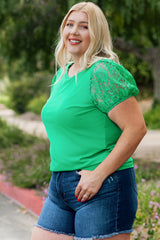Green Ribbed Lace Patchwork Puff Sleeve Plus Size Blouse