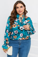 Sky Blue Floral Print V Neck Plus Size Blouse