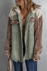 Green Color Block Button Down Hooded Corduroy Jacket
