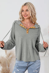 Gray Quarter Buttoned Drawstring Pullover Hoodie
