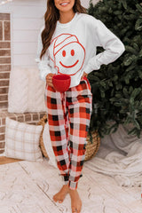 White Christmas Smile Face Print Top and Plaid Pants Lounge Set