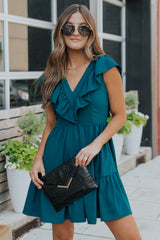 Blue Ruffle Trim V Neck Smocking Back Mini Dress