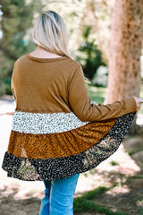 Brown Plus Size Knit Dotted Print Tiered Top with Ruffle