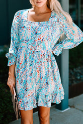 Sky Blue Ruffled Square Neck Floral Dress