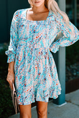 Sky Blue Ruffled Square Neck Floral Dress
