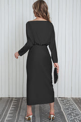 Black Satin Wrap Tie Side Boat Neck Long Sleeve Dress