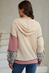 Leopard Colorblock Patchwork Waffle Knit Hoodie