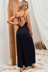 Black Frilled Neckline Backless Wide Leg Jumpsuit