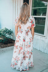 White V Neck Short Sleeves Floral Print Maxi Dress