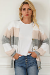 Stripe Color Block Button Front Fuzzy Knit Cardigan