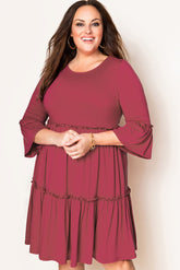 Red Tiered Ruffled 3/4 Sleeve Plus Size Dress