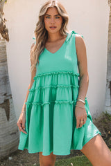 Green Tie Straps Frilled A-line Mini Dress