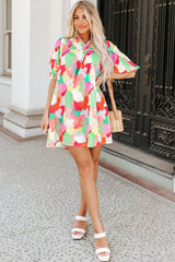 Multicolor Abstract Print Notch V Neck Puff Sleeve Dress