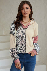 Leopard Colorblock Patchwork Waffle Knit Hoodie