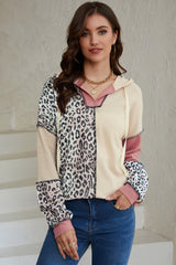 Leopard Colorblock Patchwork Waffle Knit Hoodie