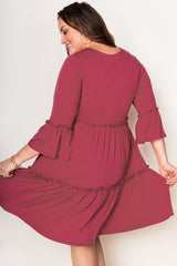 Red Tiered Ruffled 3/4 Sleeve Plus Size Dress