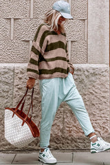 Green Striped Colorblock Knit V Neck Loose Fit Sweater