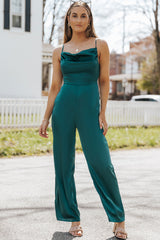 Green Spaghetti Straps Cowl Neck Satin Jumpsuit
