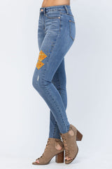 Judy Blue Full Size Mid-Rise Orange Floral Patch Skinny Jeans