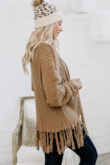 Khaki Fringe Open Front Knit Cardigan