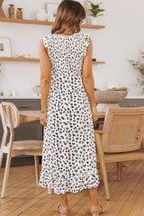 White Leopard Smocked High Low Midi Dress