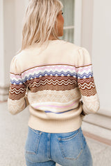Khaki Geometric Print Knitted Long Sleeve Sweater