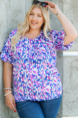 Purple Plus Size Printed Round Neck Bubble Sleeve Blouse
