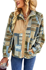 Khaki Western Colorblock Snap Buttoned Sherpa Jacket