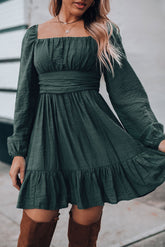 Green Ruched Square Neck Puff Sleeve Mini Dress