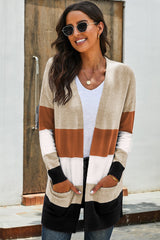 Khaki Open Front Colorblock Cardigan with Pockets
