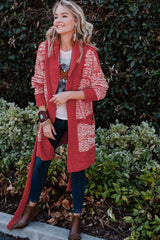 Red Contrast Trim Belted Chunky Cardigan