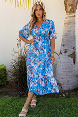 Blue Ruffle Short Sleeve Bohemian Flower Long Dress