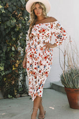 White Off Shoulder Smocked Waist Floral Dress