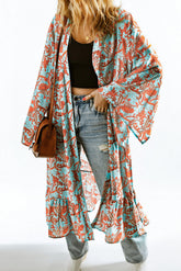 Sky Blue Boho Retro Floral Print Long Sleeve Oversized Kimono
